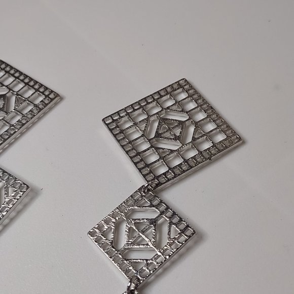 Long Silver Tone Metal Decorative Dangling Square Earrings - Picture 11 of 12